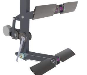 Rendering of the 1 kW device: foils on a vertical support, with the linkage that couples heaving to pitching.